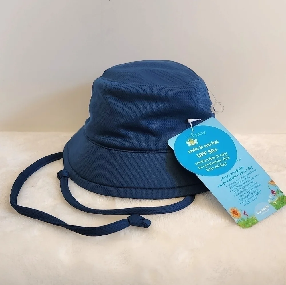 I Play Navy Blue Swim Sun Bucket Hat UPF 50+ Size 0-6 Months NWT